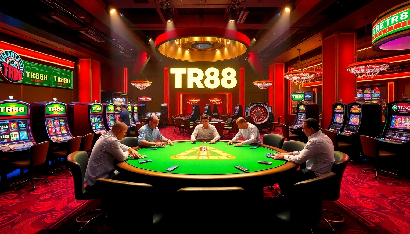 Players engaging at a TR88 poker table amidst colorful casino excitement.