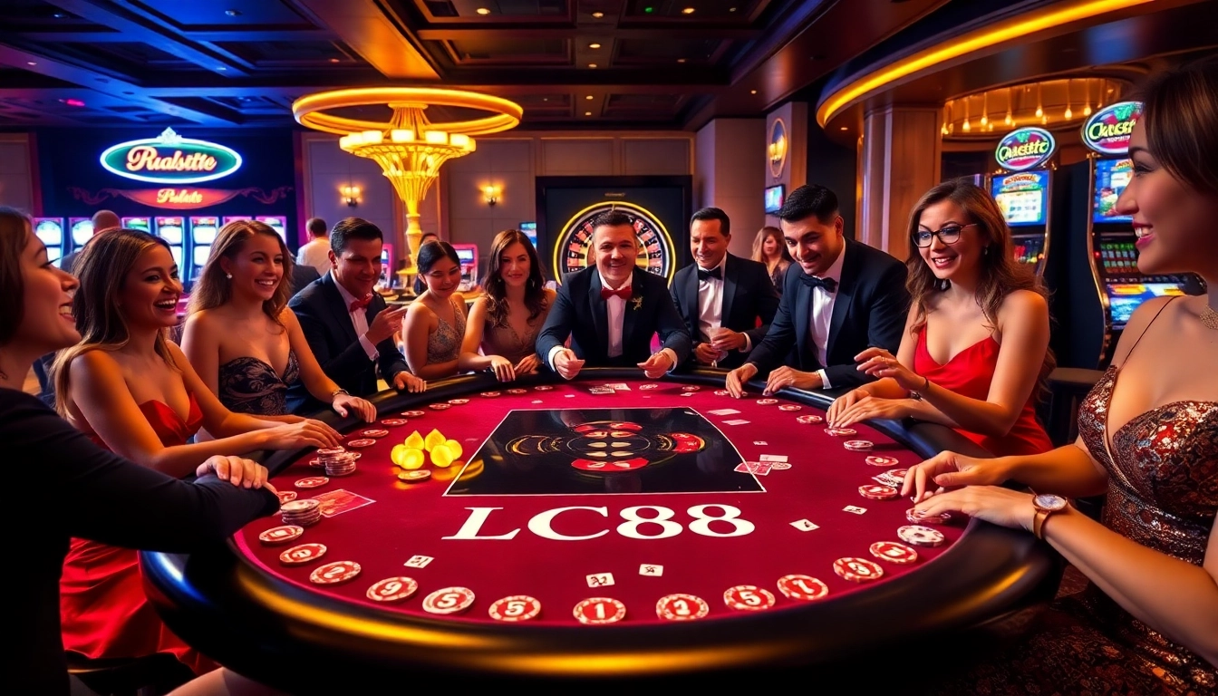 Players enjoying an exciting game of poker at an LC88 branded casino table, featuring vibrant chips and cards.
