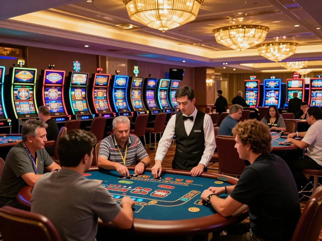 Players engaging in thrilling casino gameplay at 23win168 with vibrant slot machines and tables.