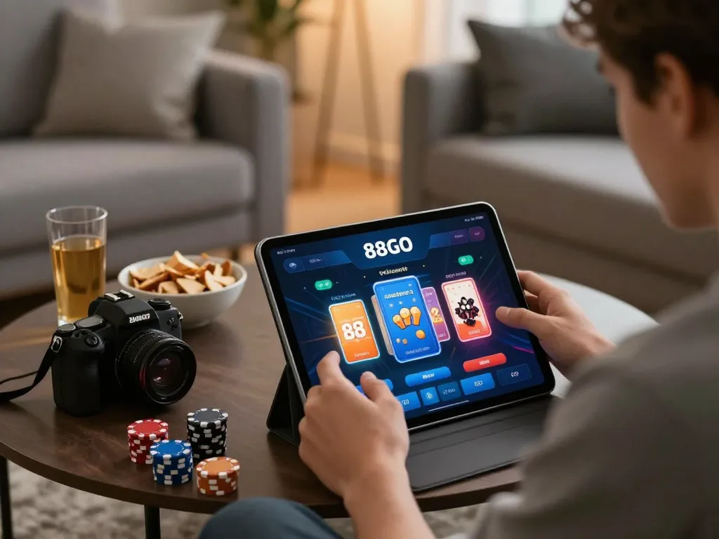 Player enjoying online gaming on 88GO app in a cozy home setting