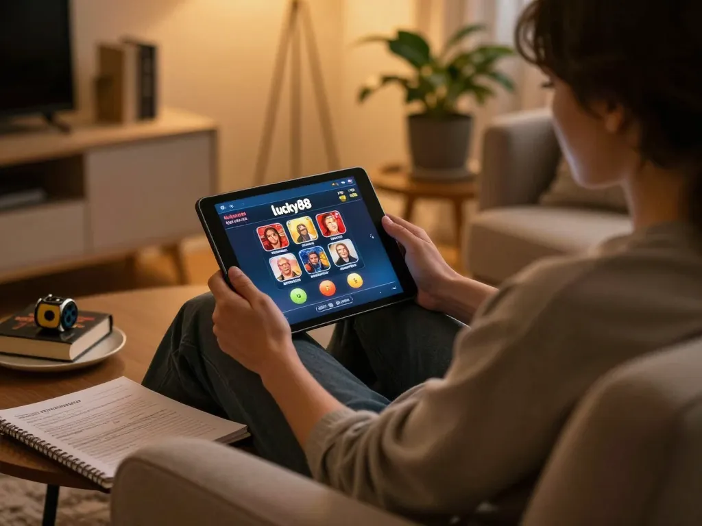 Lucky88 online gaming experience at home with engaging tablet interface and cozy setup.