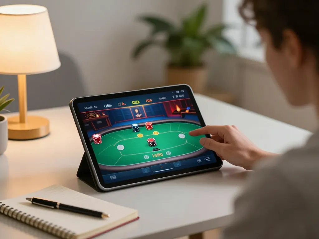 Player enjoying poker on ALO8's app, showcasing a strategic home gambling environment