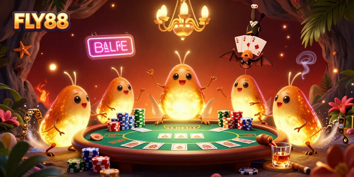 Experience FLY88's vibrant casino ambiance with glowworms lighting up a dynamic 3D gaming scene.