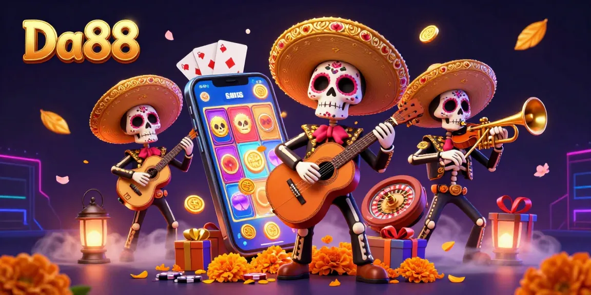 Engage with Da88's vibrant slot game experience through colorful mariachi skeletons.