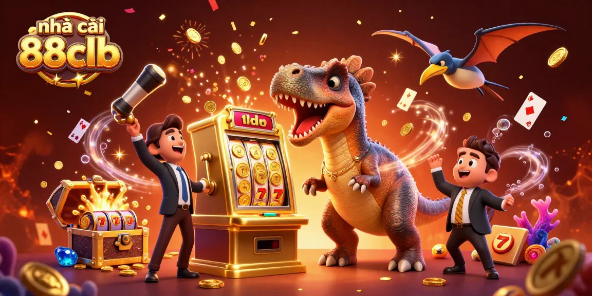 Engaging scene with nhà cái 88clb elements as a dinosaur activates a jackpot slot machine in a vibrant casino.