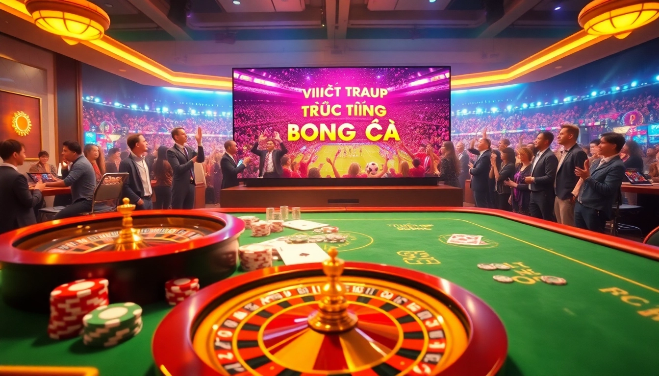 Enjoy live football streaming trực tiếp bóng đá in a luxurious casino setting with poker elements.