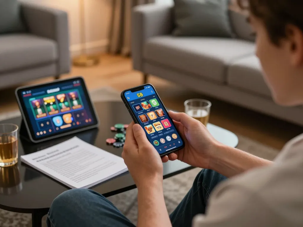 S8 casino app showcased on smartphone while betting at home, representing modern gambling lifestyle