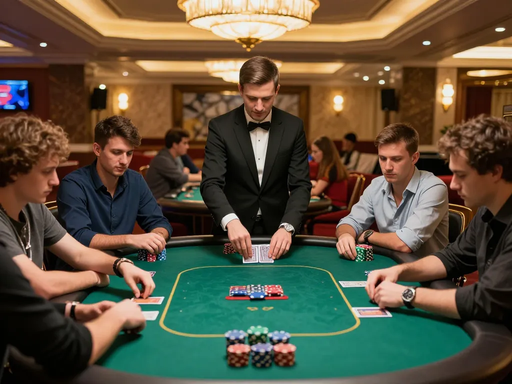 Players engaged in strategic gameplay at a lode88s poker table in a luxurious casino.