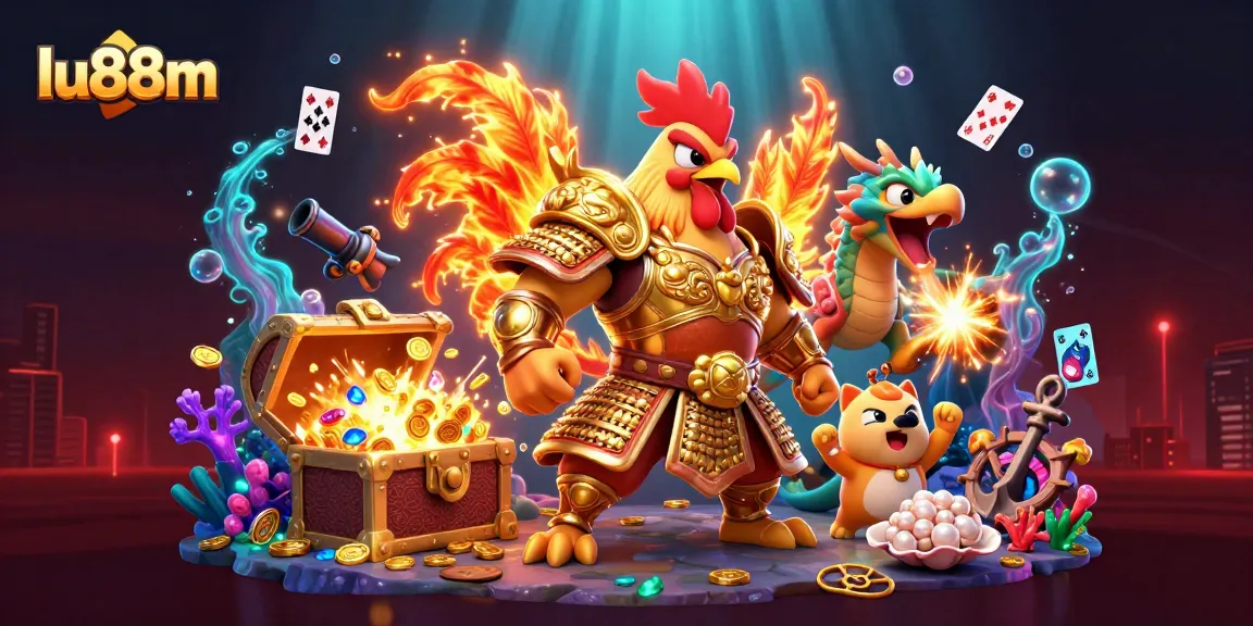 lu88m showcases an action-packed scene with a rooster warrior, dragon hatchling, and treasure, ideal for gamers.