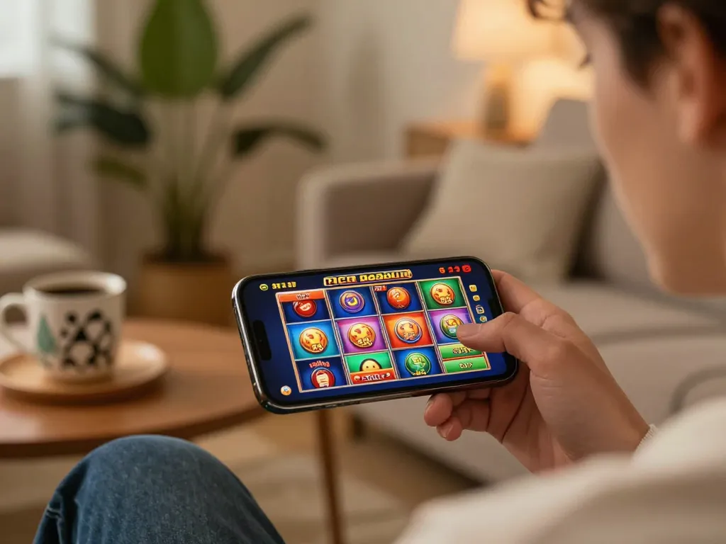 Engaging in mobile gaming at home with 789win.com, showcasing a vibrant slot game on a smartphone.