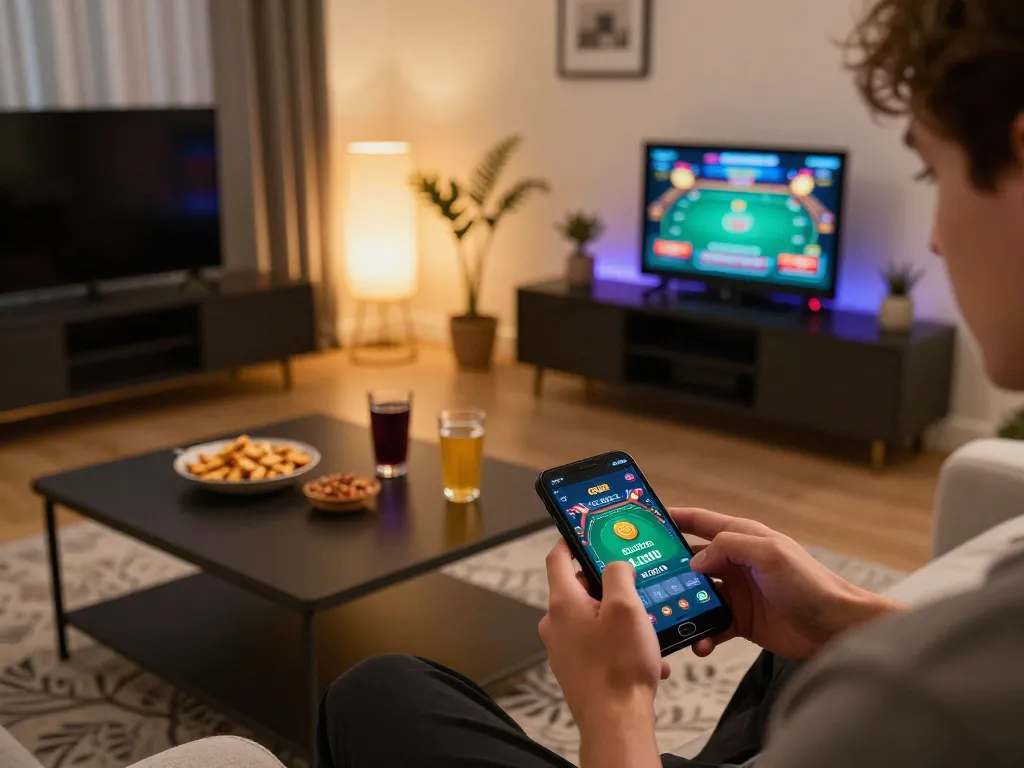 Engaging gameplay on the go88 app in a cozy home setting with smartphone and snacks