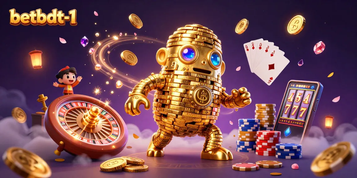 Experience the thrill of betbdt-1 with captivating golden golems surrounded by casino elements.