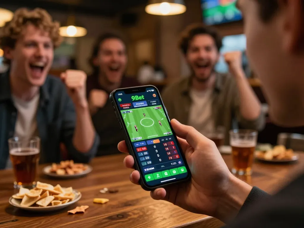 Person actively betting on the 9Bet app during a thrilling sports event in a lively setting.