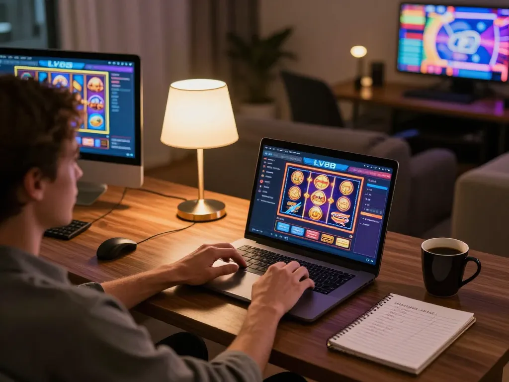 Player enjoying thrilling games on LV88 online casino platform in a cozy home setting.