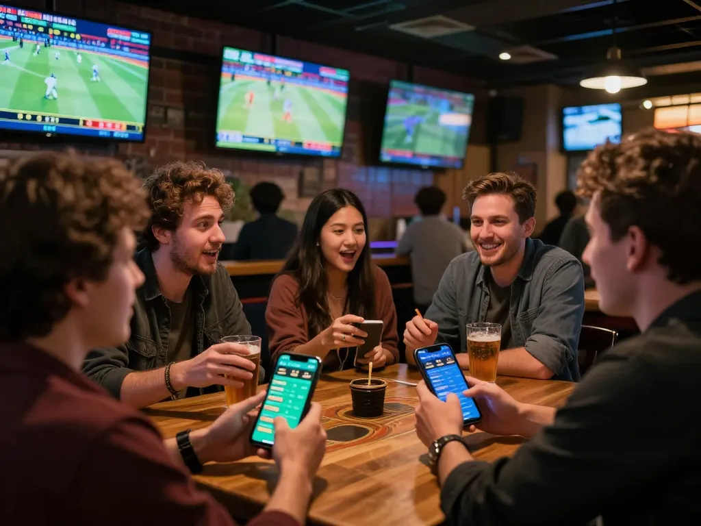 Fans cheering while placing bets through a sports app at a lively sports bar experience 678 filled with excitement.