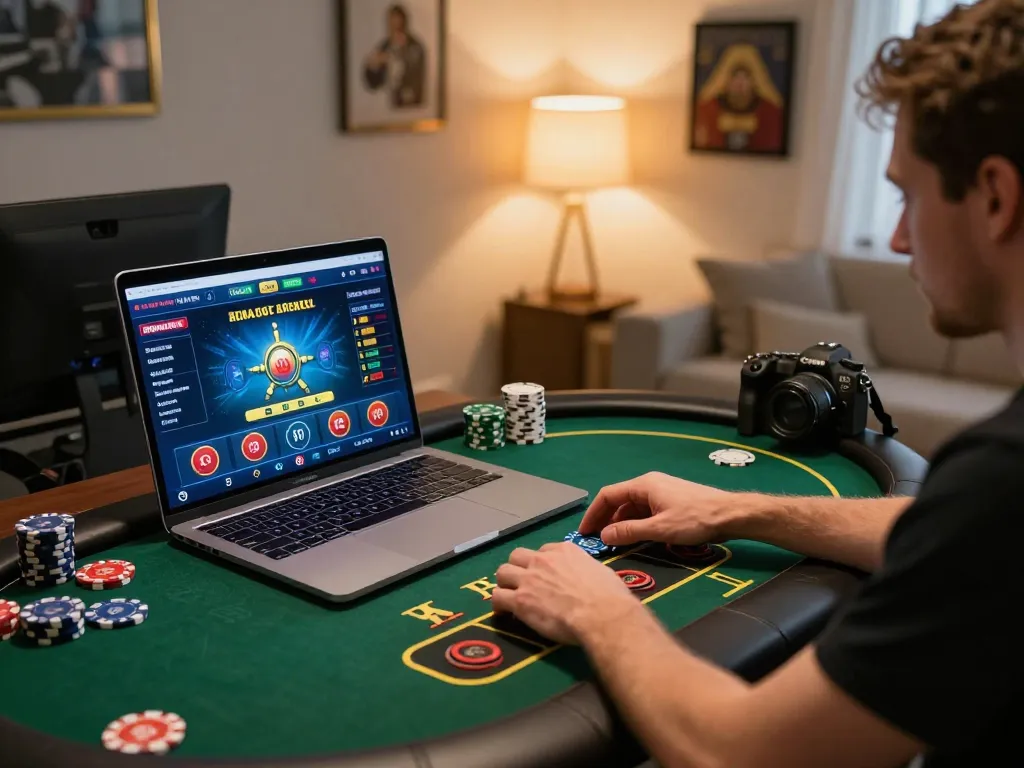 Player engaging with the hz88 online casino platform on a stylish laptop setup, showcasing an exciting gaming experience