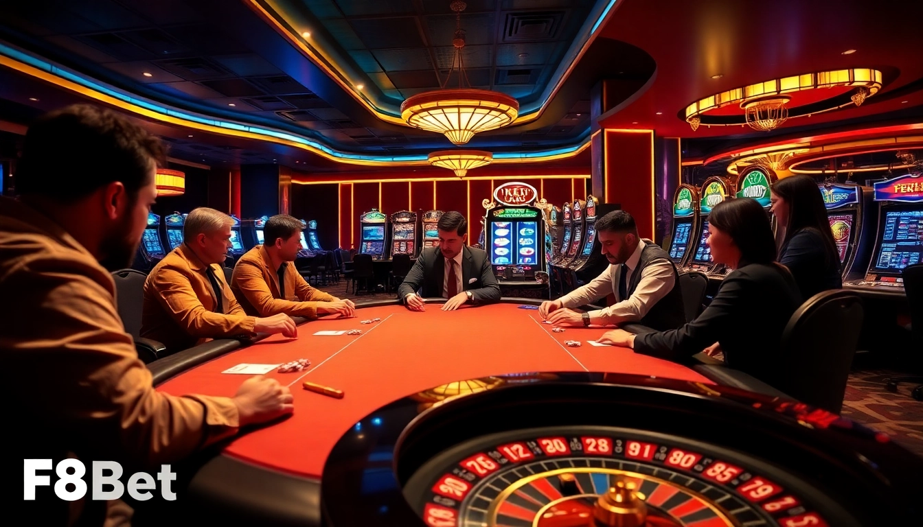 Experience thrilling moments at F8Bet poker table amidst luxurious casino ambiance.