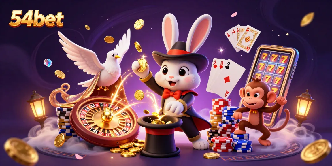 Engage with the magic of 54bet through vibrant casino illustration featuring a magician rabbit and lively gaming elements.