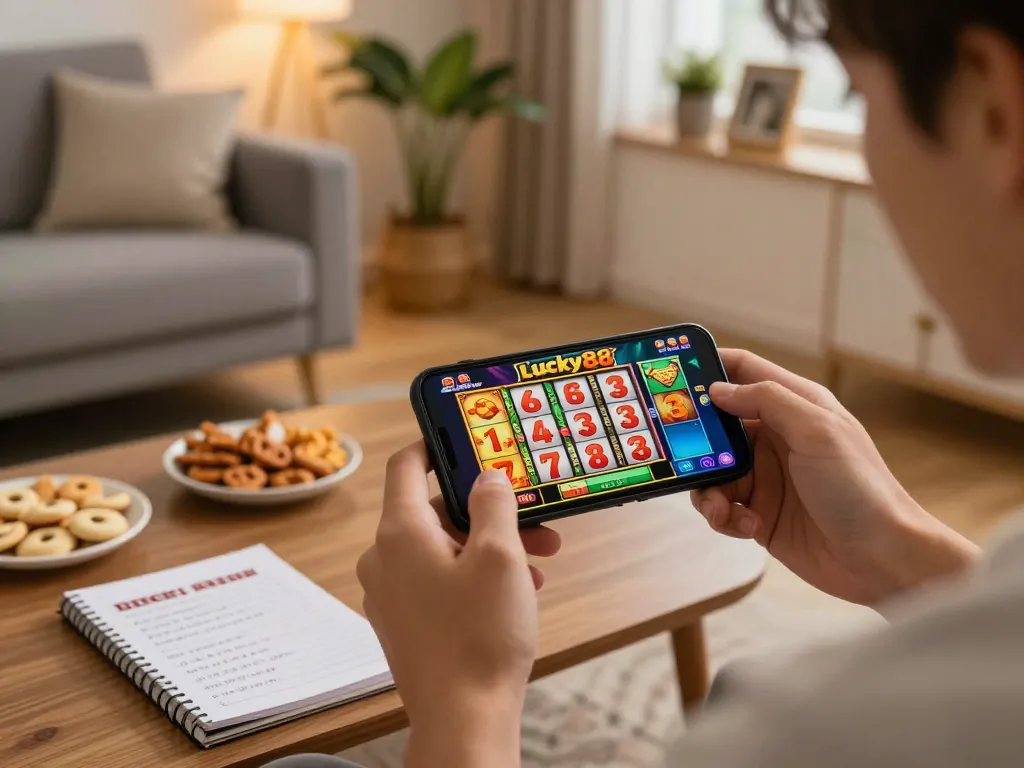 Player enjoying the Lucky88 slot game on smartphone, capturing mobile gambling excitement at home.
