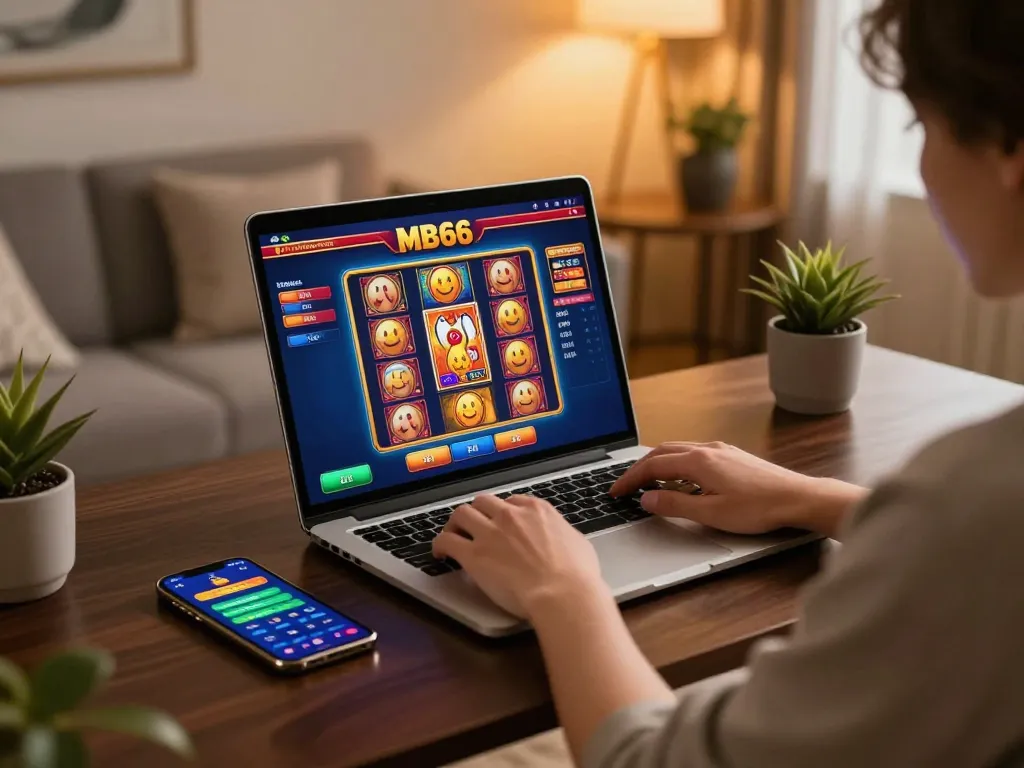 Engaging scene of a player enjoying MB66 online casino games on a laptop, promoting responsible gaming.