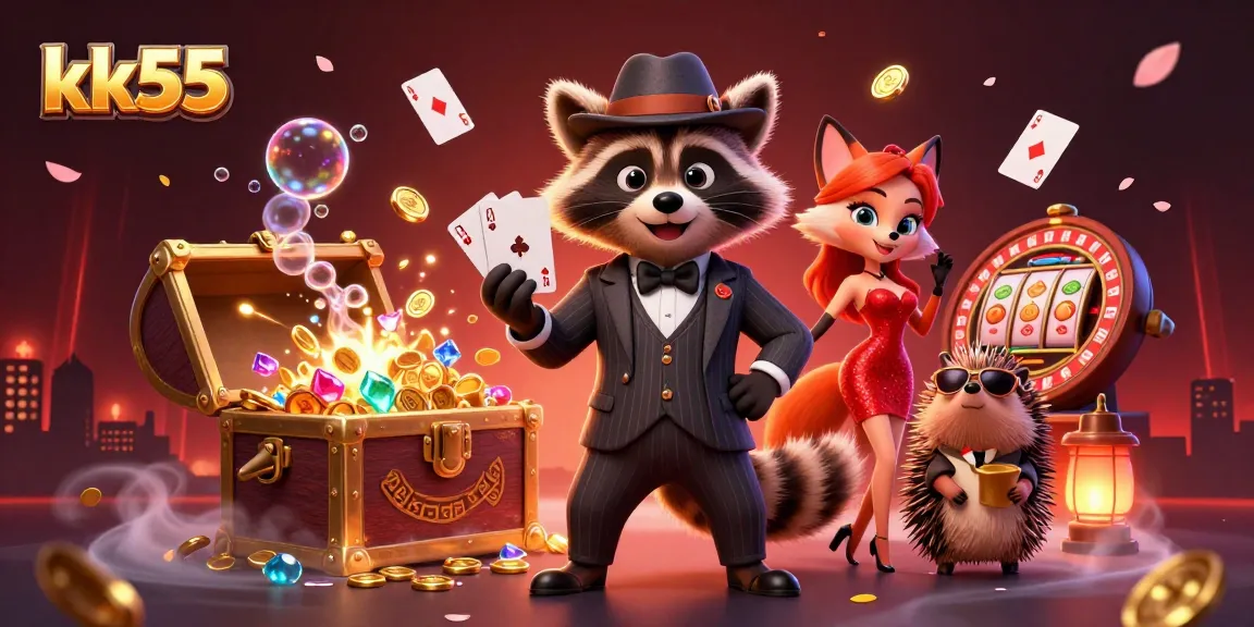 Experience thrilling gameplay at kk55 with a charming raccoon and fox on a royal flush hand.