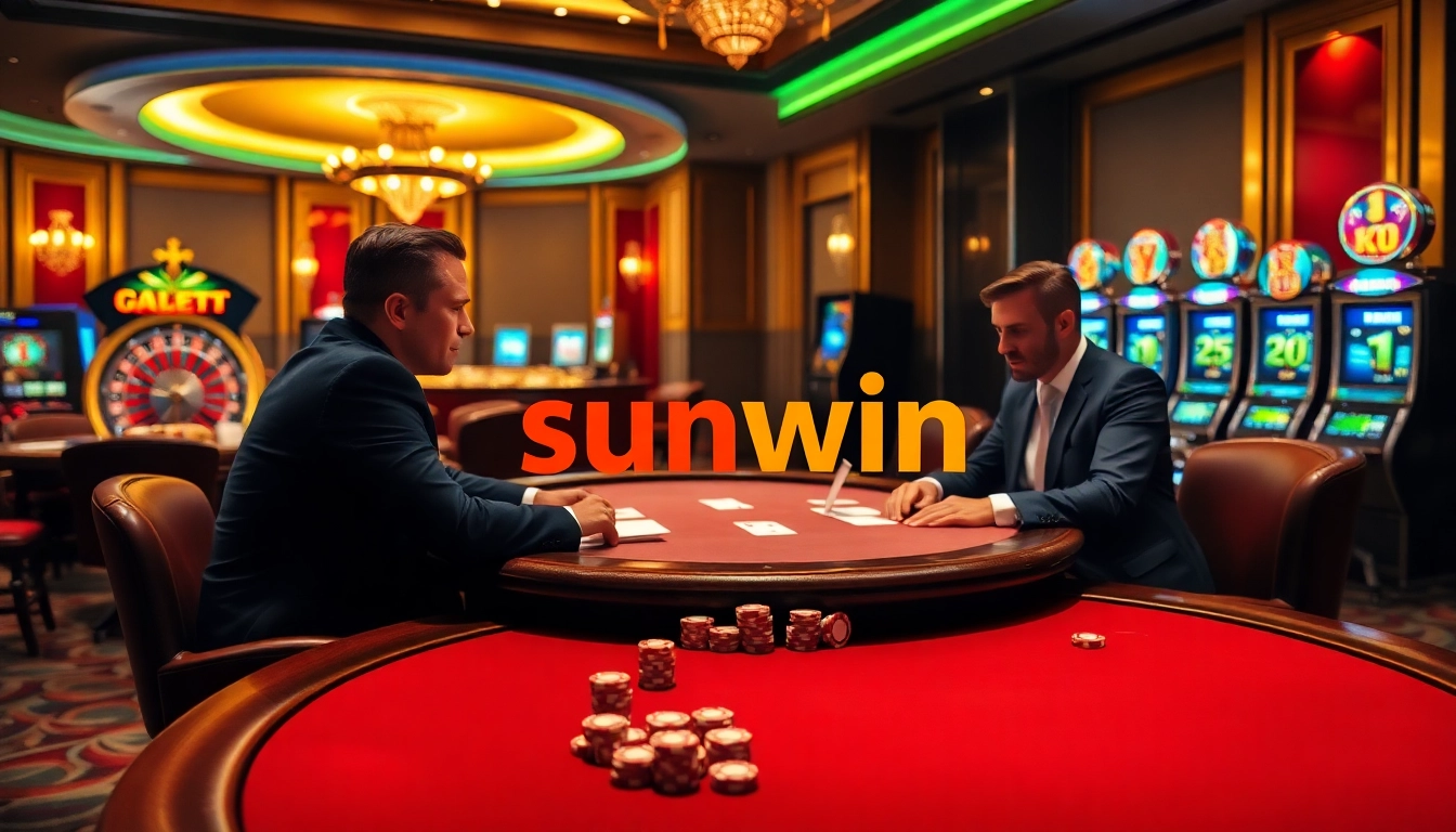 Sunwin gaming action with vibrant poker table, chips, and roulette wheel ambiance.