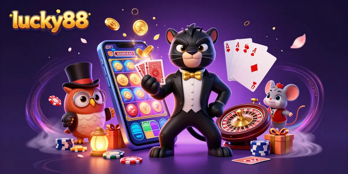 Win big with lucky88 as a stylish panther deals cards amidst vibrant casino elements in a lively scene.