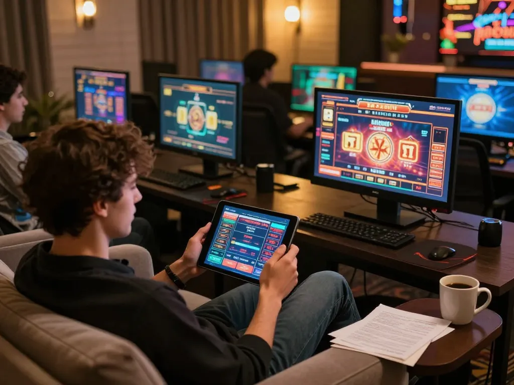 SKY88 online player engaged in gaming, using a tablet while relaxing at home