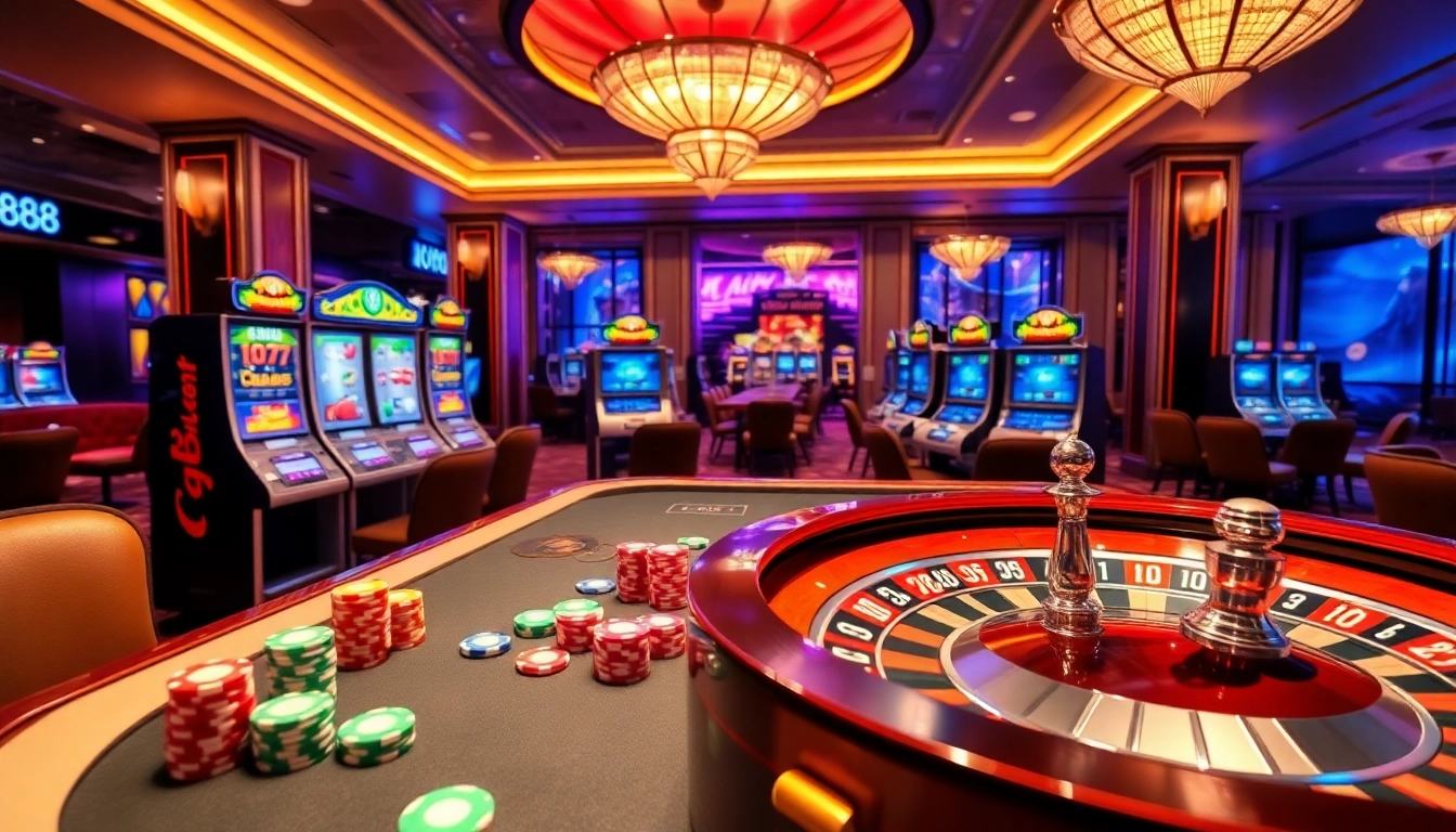 Experience U888's thrilling casino ambiance with vibrant slot machines and elegant gaming tables.