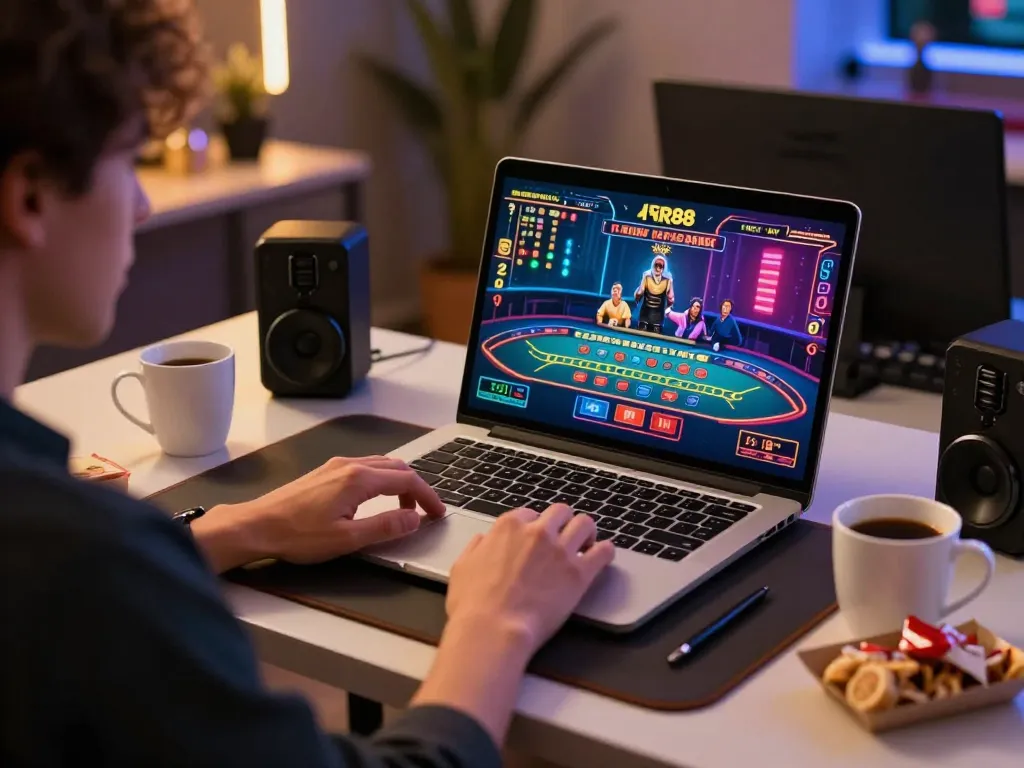 Player engaging in live dealer baccarat online at RR88 with laptop and cozy gaming setup