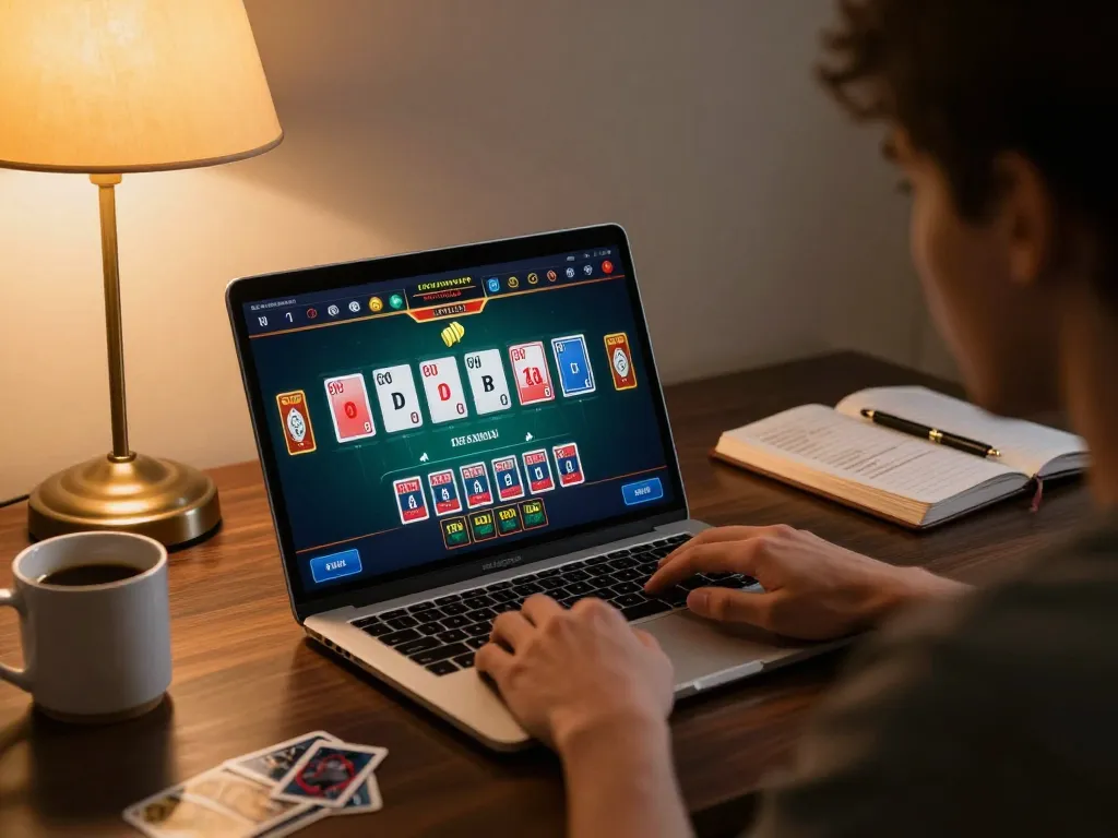 Open88 player enjoying a live dealer game on laptop with strategic insights in a cozy home setup