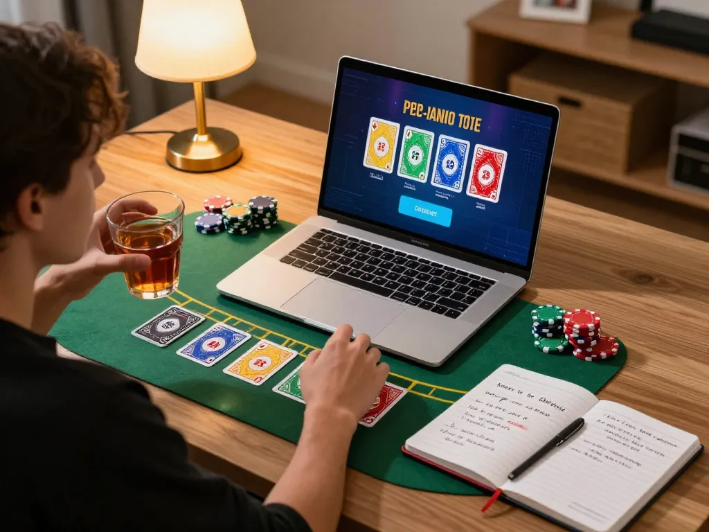 Engaged player showcasing fly88 blackjack strategy at home gaming setup with cards and notes