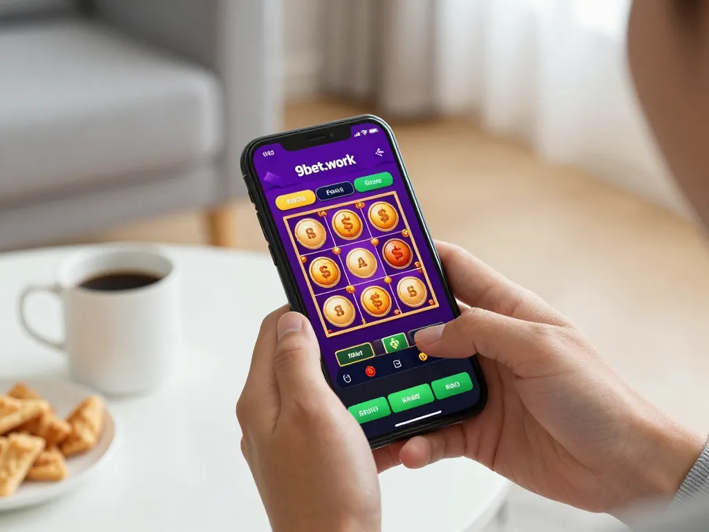 A player engaging in mobile gaming at home on 9bet.work showcasing slot gameplay with colorful visuals