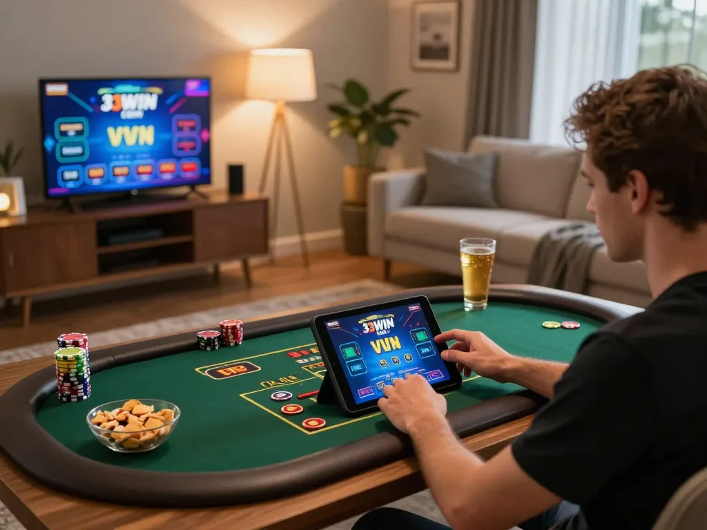Player enjoying live dealer games in cozy home setting, experiencing 33WIN COM excitement.