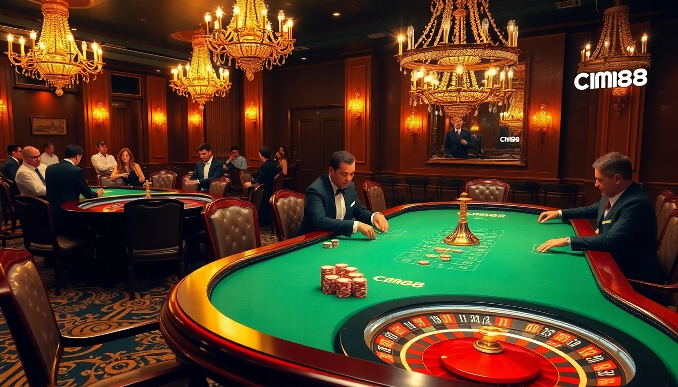 Players engage at a CM88-themed poker table in a luxurious casino setting.