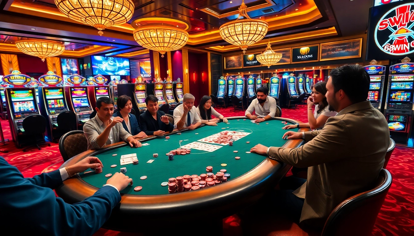 Players enjoying an exciting poker game at 58win com casino, showcasing vibrant chips and cards.