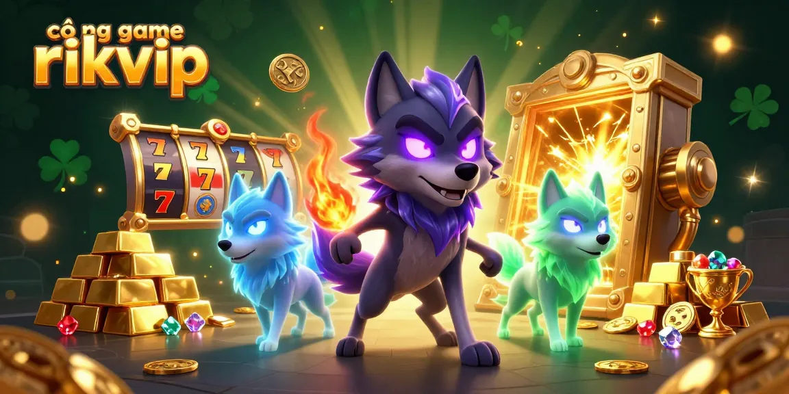 Engage with cổng game rikvip's vibrant 3D casino illustration showcasing lucky slots and lavish treasures.