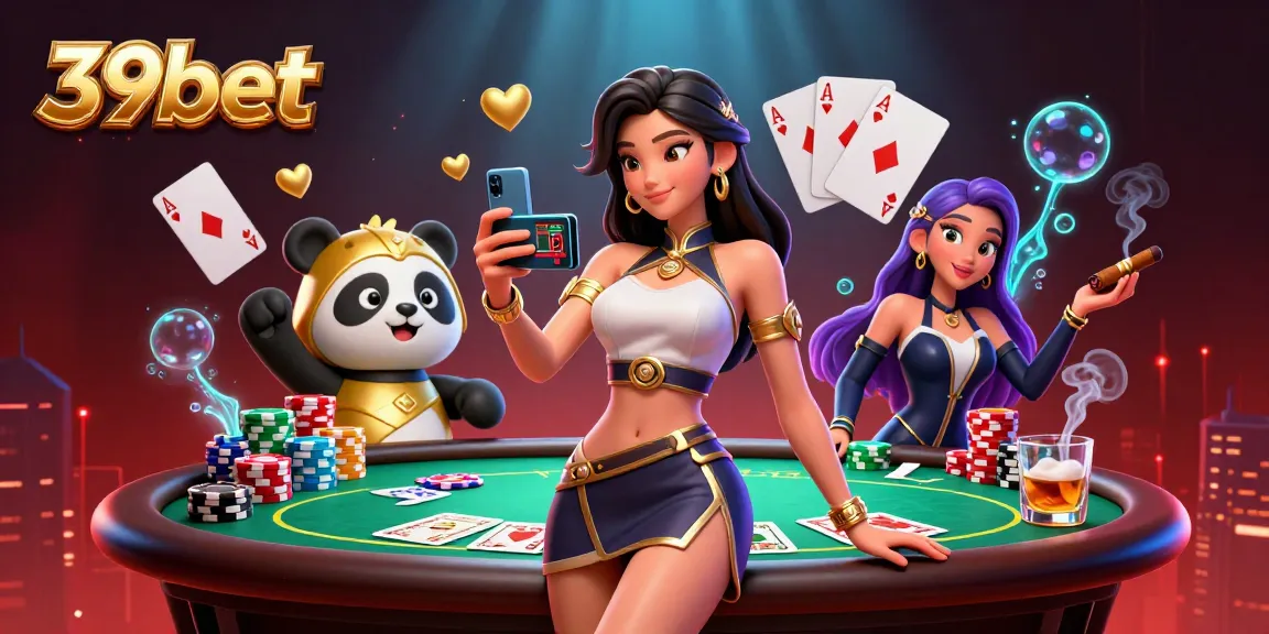 Engage with 39bet's vibrant casino atmosphere featuring an Asian woman with a smartphone in a lively gambling scene.
