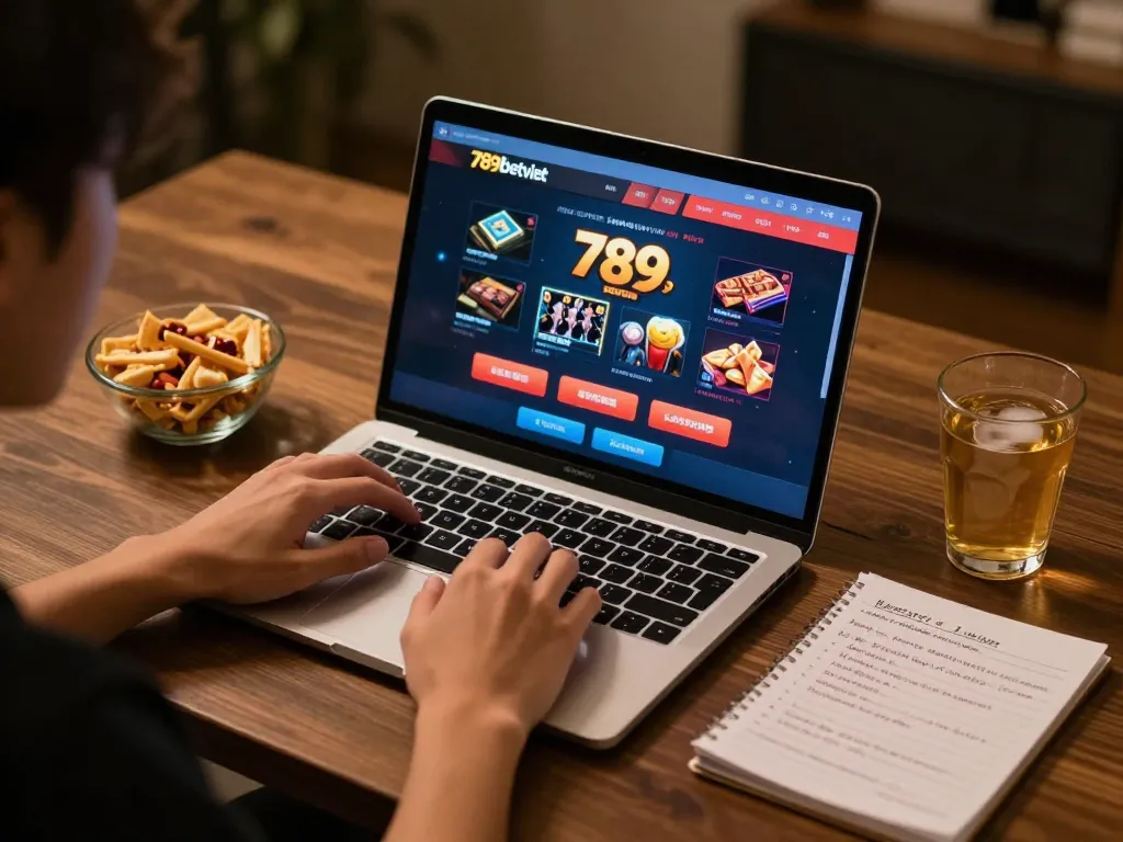 Engaged player using 789betviet platform on laptop with strategy notes visible.