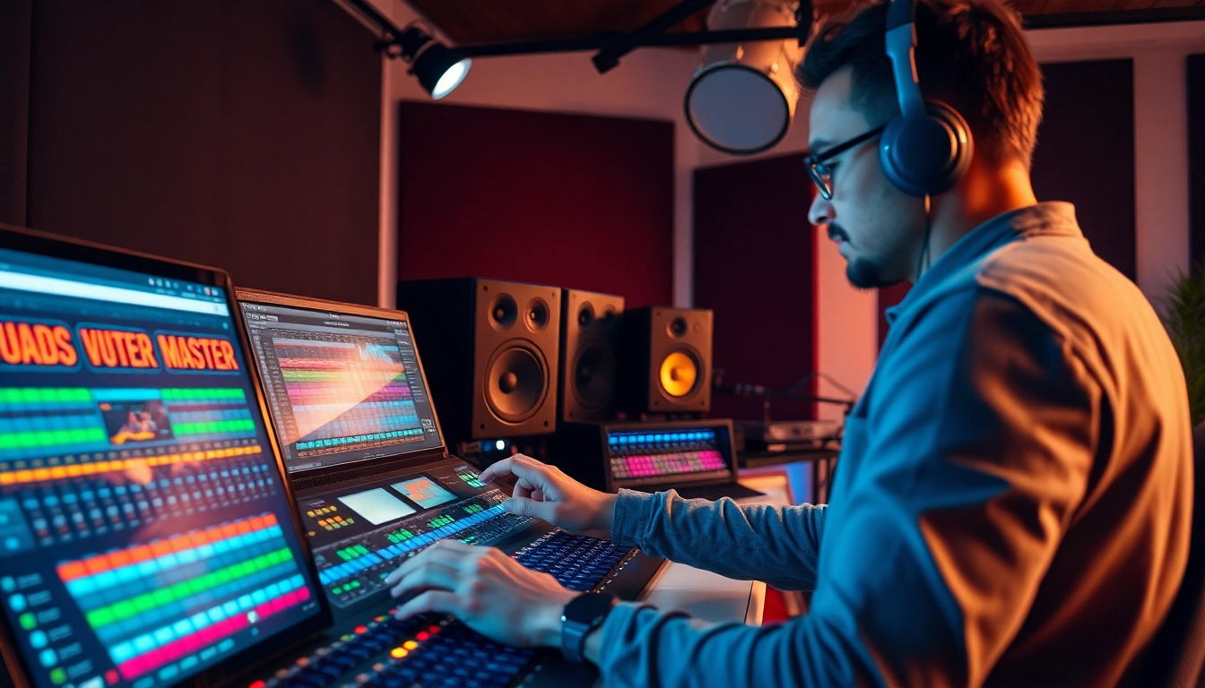 Engage in online mastering with a focused audio engineer in a vibrant studio.