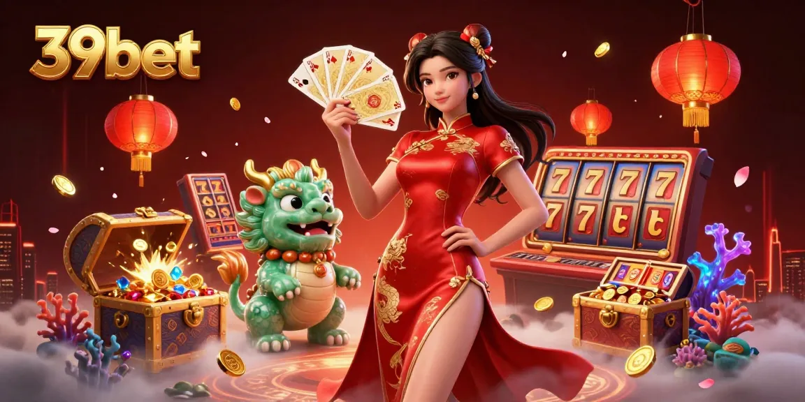 Experience the thrilling casino atmosphere at 39bet with vibrant characters and gold treasures.