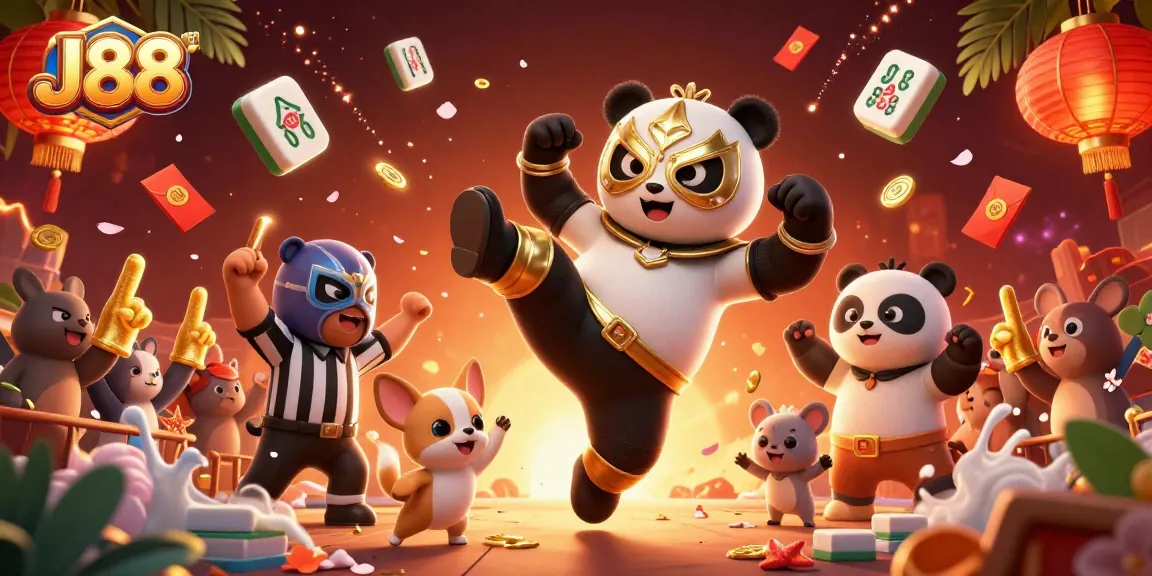 Engage with J88 gaming action featuring a flying panda wrestler amidst vibrant casino elements.