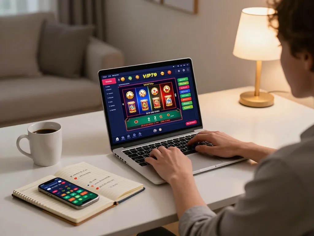 Engaging with vip79 online casino games at home, showcasing vibrant interface and strategic planning.
