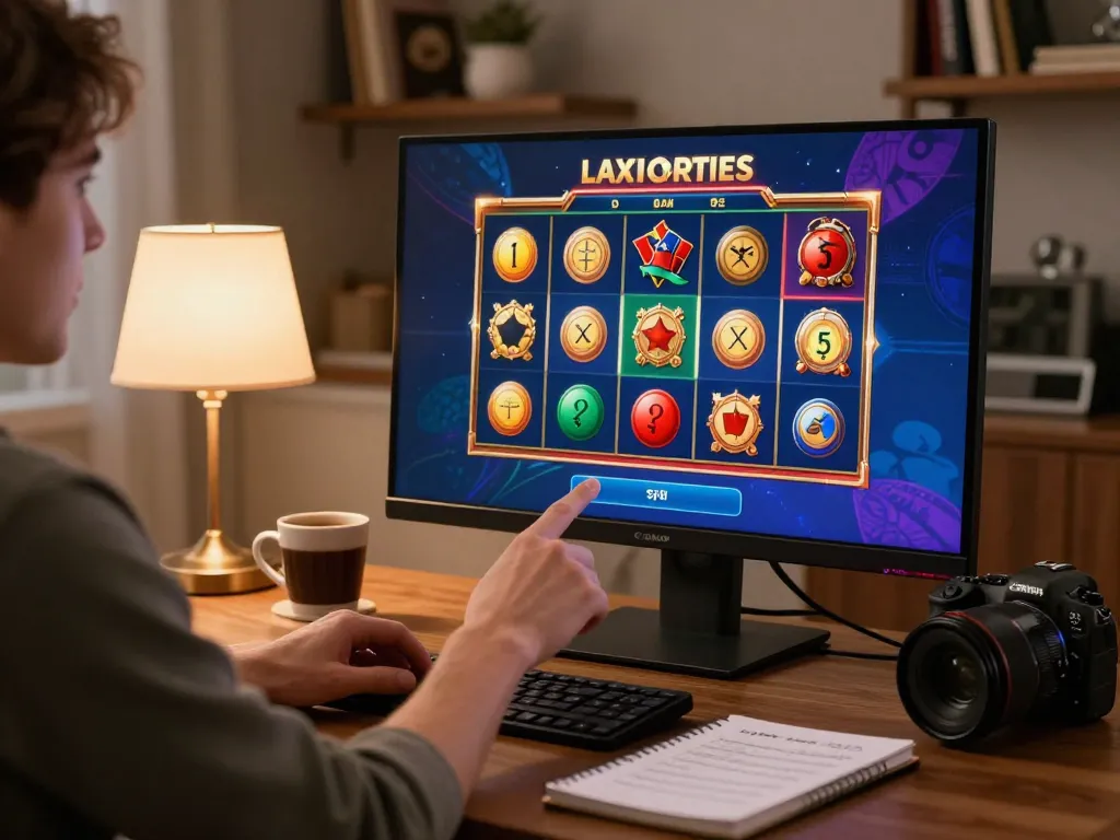 MM88 player spinning reels in a vibrant slot game at a stylish home desk, highlighting online gaming action