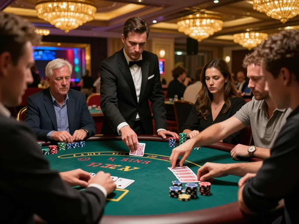 Players engaging in a high-stakes blackjack game at OPEN88 casino, chips stacked and cards dealt.