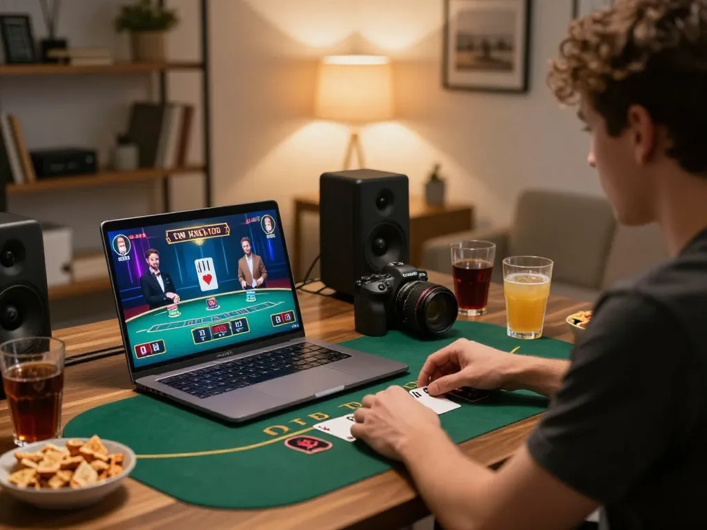 Player engaging in live dealer blackjack at home using EV 99 online gaming platform.