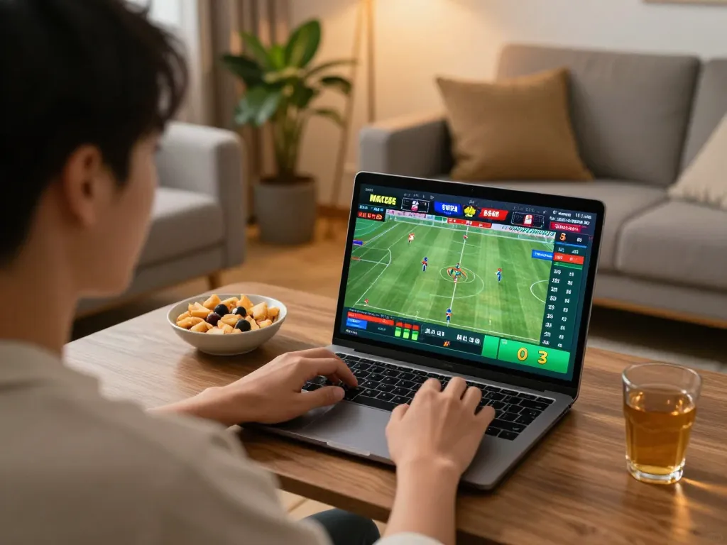 Engaging in online sports betting featuring FABET with a user actively placing bets on a laptop in a cozy living room.