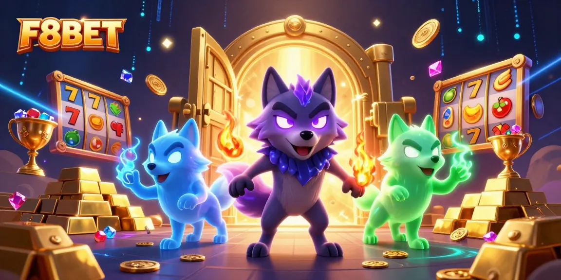 F8BET offers excitement as a shadow wolf leader leads treasure-filled slot adventures with vibrant spirits.