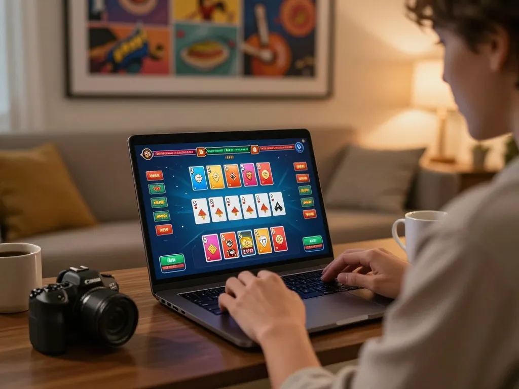 Engaging scene of a player enjoying Game Bài 98WIN on a laptop in a cozy home setting.