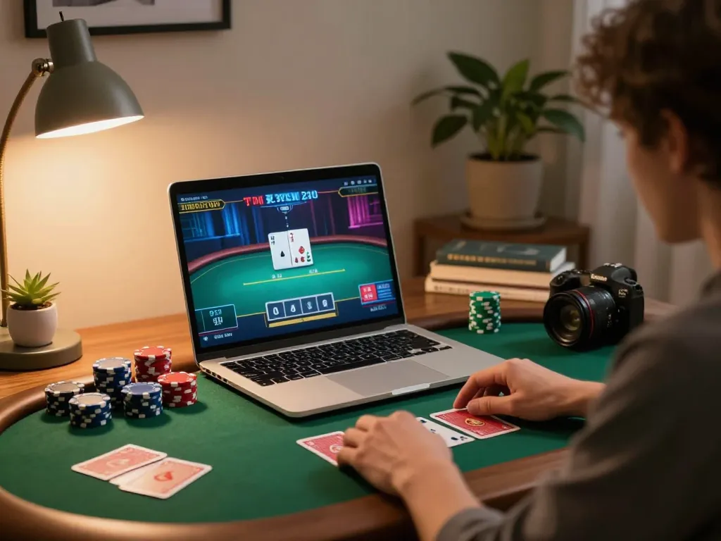 Engaging in online poker gaming with tx88 features on a laptop in a cozy home setting.